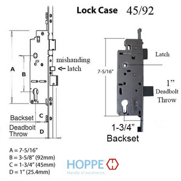 HOPPE 3-POINT MULTIPOINT LOCK, DOOR HEIGHTS 85.47"- 89.41", 1-3/4" BACKSET, SHOOTBOLT VERSION